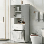 Meuble haut de salle de bain avec panier à linge, Grand espace de rangement, panier à linge inclinable et meuble de rangement supérieur, Blanc