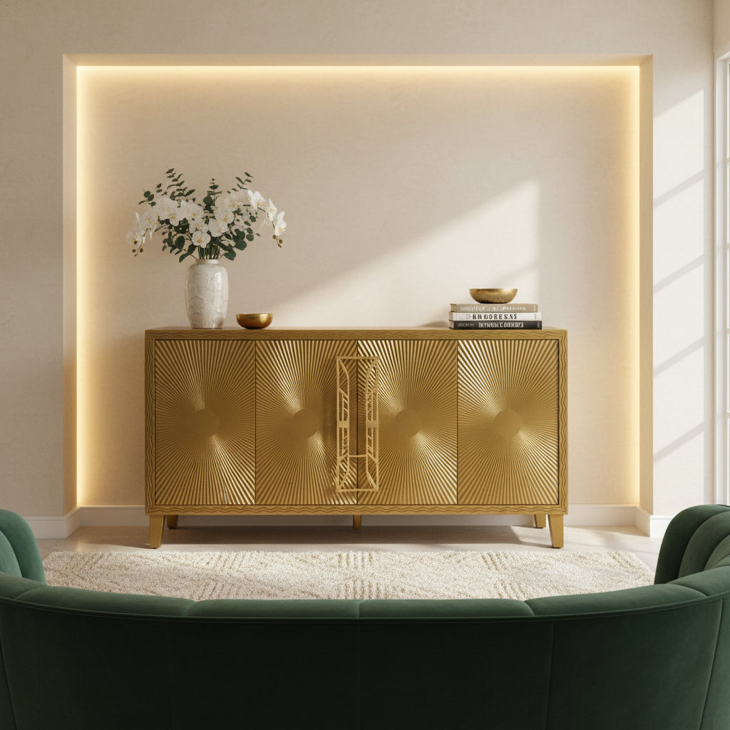 Armoire de rangement Vintage Naturelle à 4 portes avec motif sculpté, étagères réglables et grand buffet pour salon