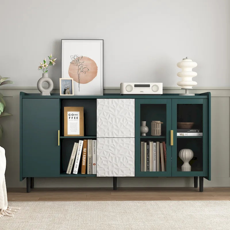 Meuble de rangement pour garde-manger, buffet de cuisine avec bar à café de 55" avec 2 tiroirs, 2 compartiments de rangement ouverts et 2 portes vitrées, table de buffet en bois