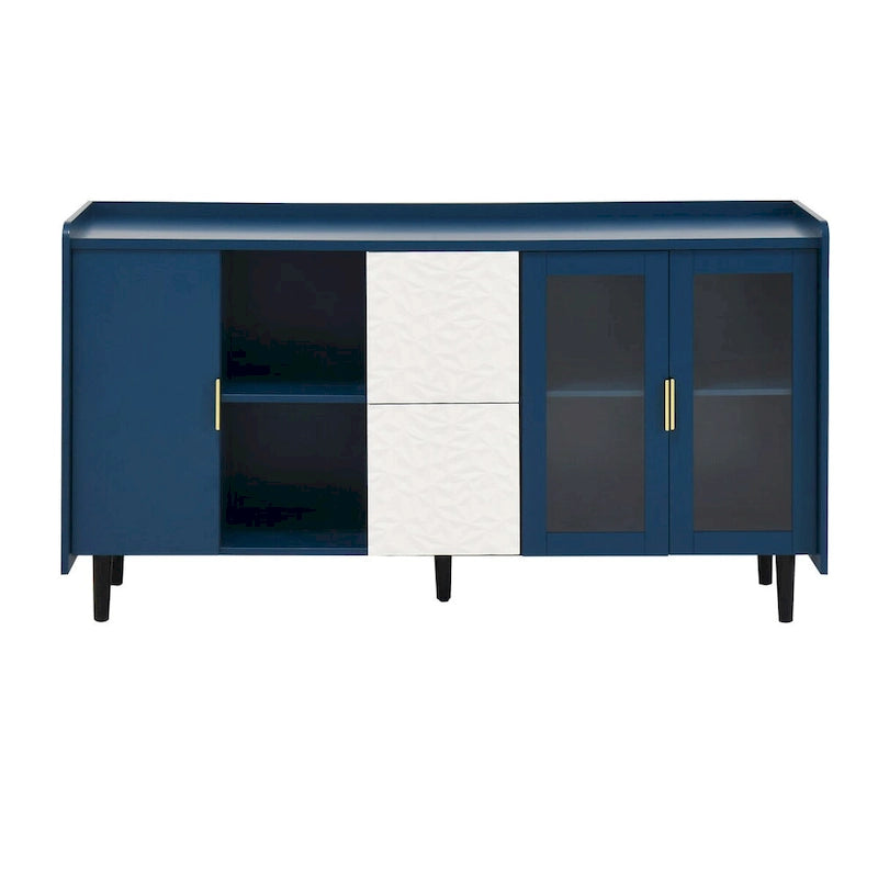 Meuble de rangement pour garde-manger, buffet de cuisine avec bar à café de 55" avec 2 tiroirs, 2 compartiments de rangement ouverts et 2 portes vitrées, table de buffet en bois