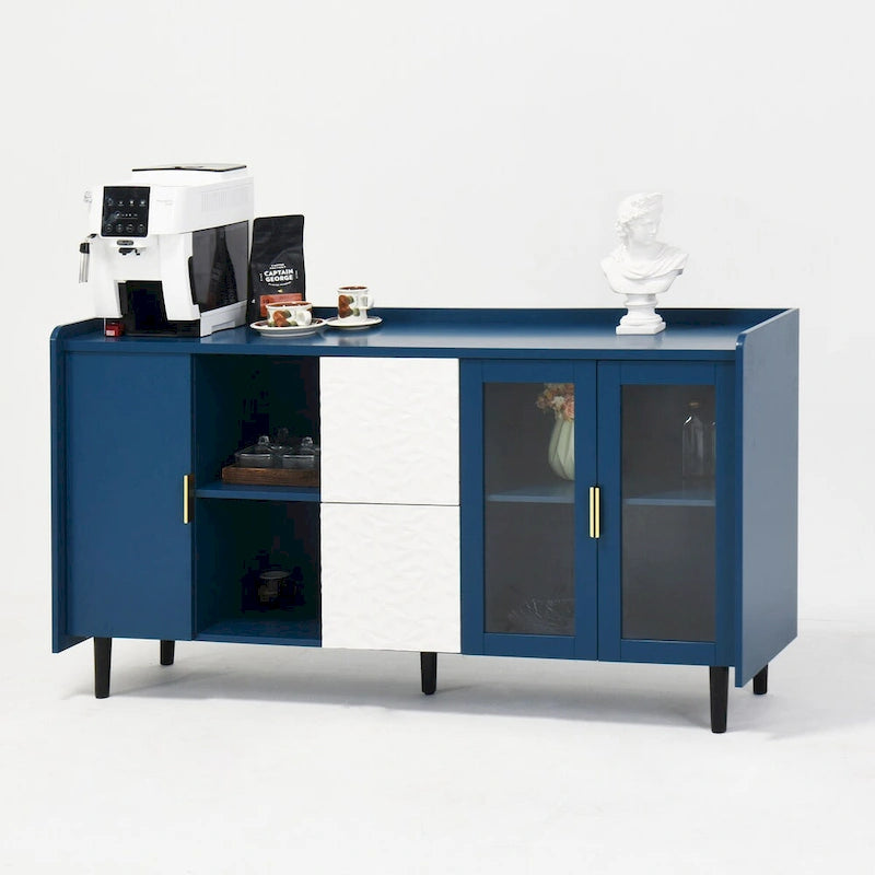 Meuble de rangement pour garde-manger, buffet de cuisine avec bar à café de 55" avec 2 tiroirs, 2 compartiments de rangement ouverts et 2 portes vitrées, table de buffet en bois