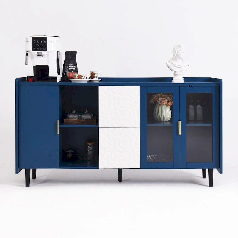 Meuble de rangement pour garde-manger, buffet de cuisine avec bar à café de 55" avec 2 tiroirs, 2 compartiments de rangement ouverts et 2 portes vitrées, table de buffet en bois