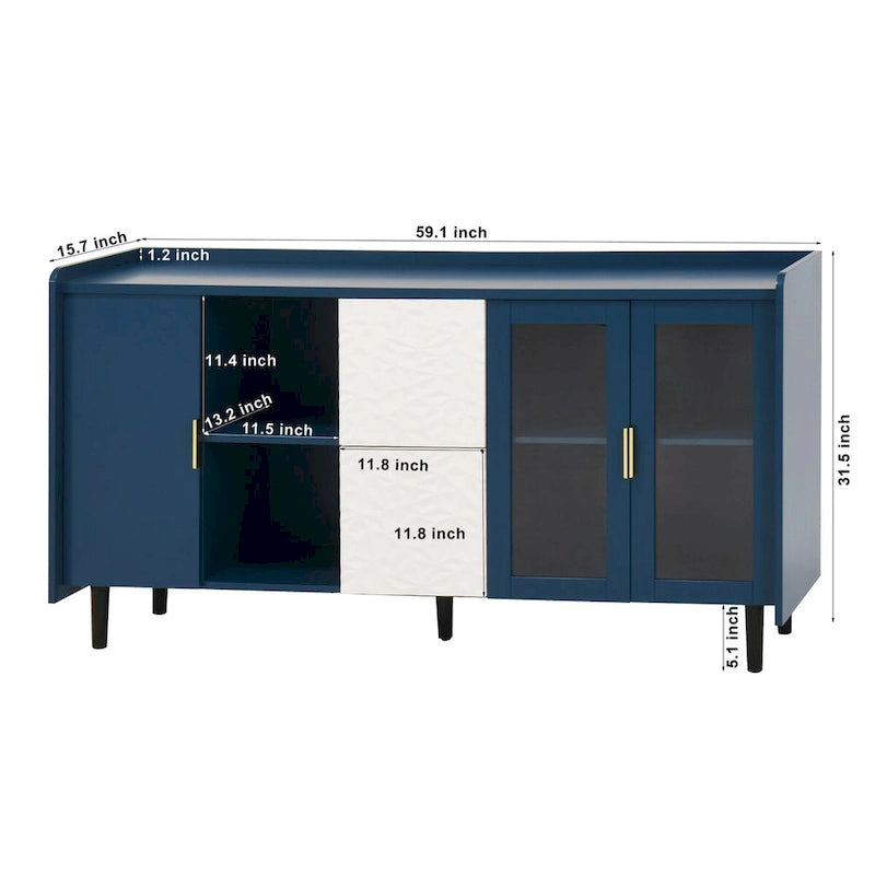 Meuble de rangement pour garde-manger, buffet de cuisine avec bar à café de 55" avec 2 tiroirs, 2 compartiments de rangement ouverts et 2 portes vitrées, table de buffet en bois