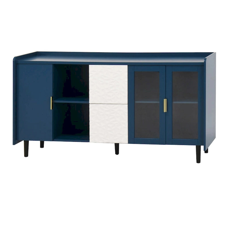 Meuble de rangement pour garde-manger, buffet de cuisine avec bar à café de 55" avec 2 tiroirs, 2 compartiments de rangement ouverts et 2 portes vitrées, table de buffet en bois