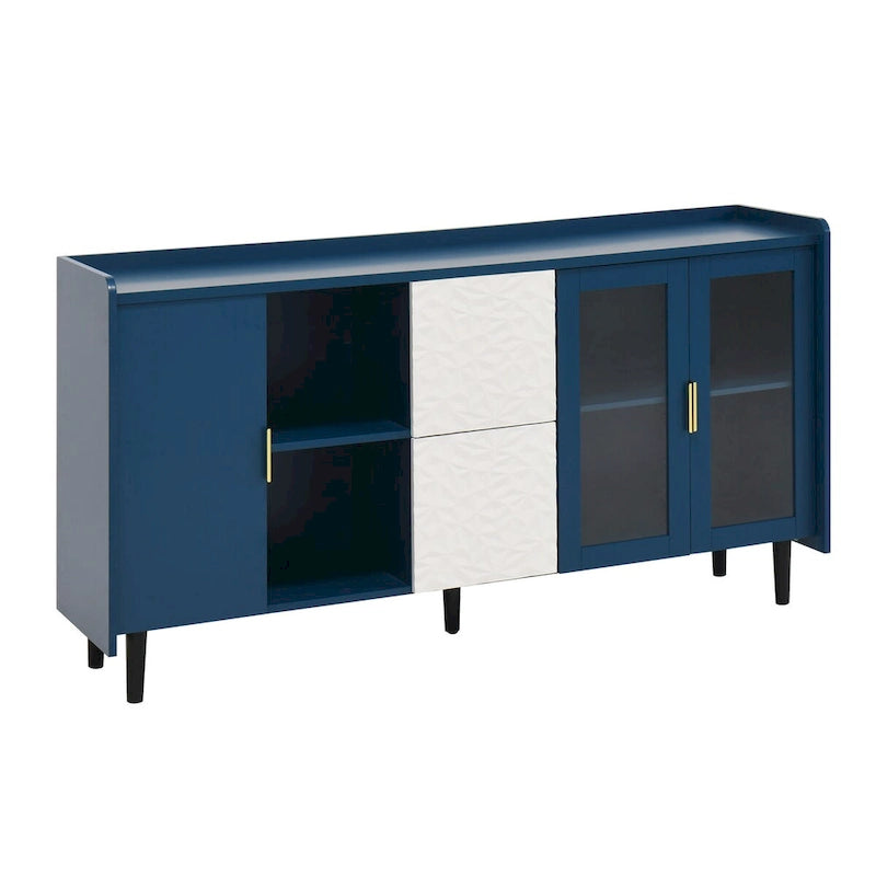 Meuble de rangement pour garde-manger, buffet de cuisine avec bar à café de 55" avec 2 tiroirs, 2 compartiments de rangement ouverts et 2 portes vitrées, table de buffet en bois