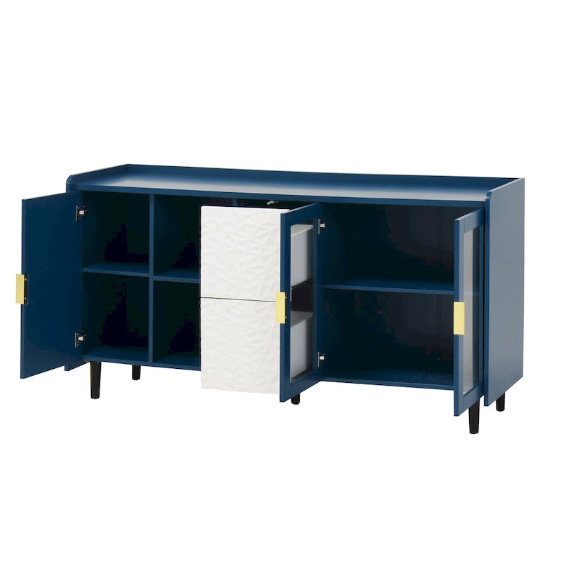 Meuble de rangement pour garde-manger, buffet de cuisine avec bar à café de 55" avec 2 tiroirs, 2 compartiments de rangement ouverts et 2 portes vitrées, table de buffet en bois
