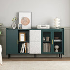 Meuble de rangement pour garde-manger, buffet de cuisine avec bar à café de 55" avec 2 tiroirs, 2 compartiments de rangement ouverts et 2 portes vitrées, table de buffet en bois