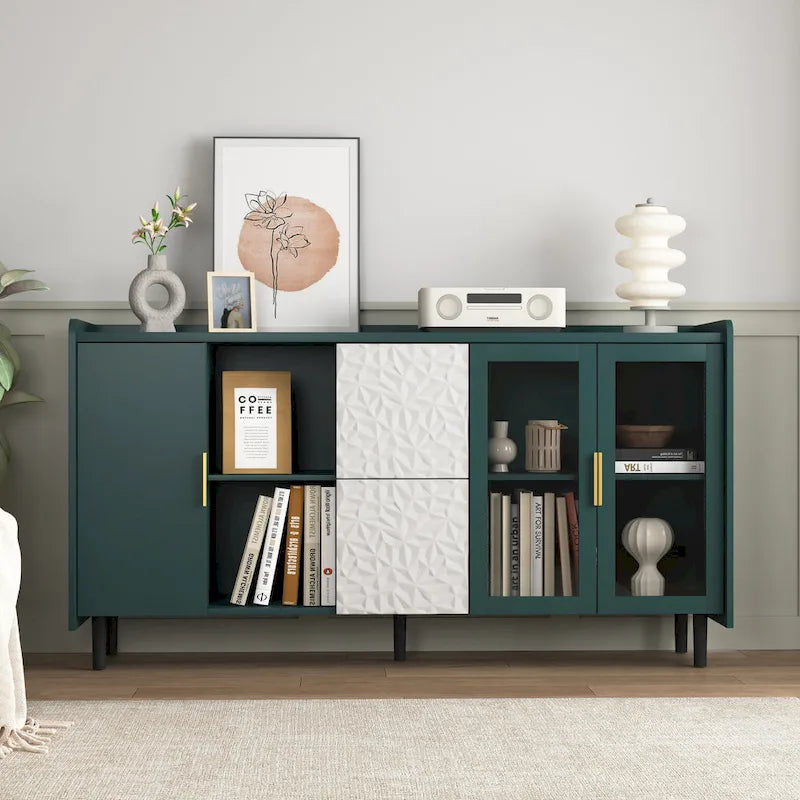 Meuble de rangement pour garde-manger, buffet de cuisine avec bar à café de 55" avec 2 tiroirs, 2 compartiments de rangement ouverts et 2 portes vitrées, table de buffet en bois
