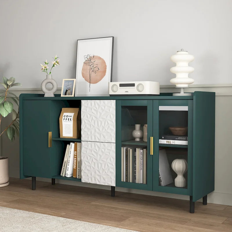 Meuble de rangement pour garde-manger, buffet de cuisine avec bar à café de 55" avec 2 tiroirs, 2 compartiments de rangement ouverts et 2 portes vitrées, table de buffet en bois