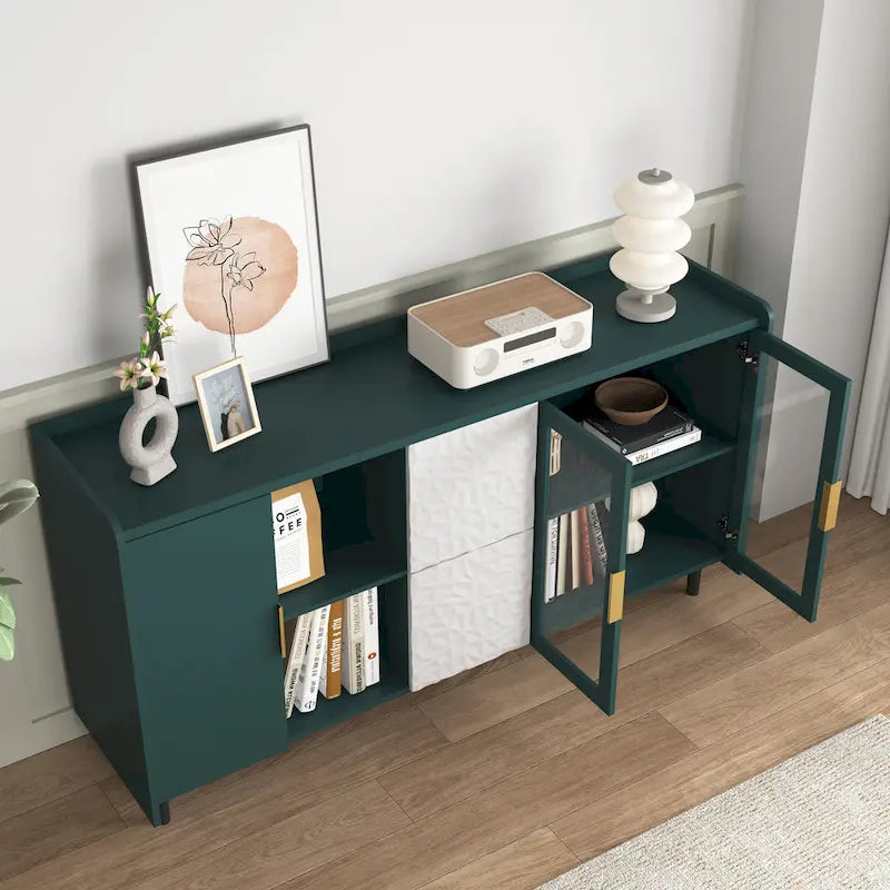 Meuble de rangement pour garde-manger, buffet de cuisine avec bar à café de 55" avec 2 tiroirs, 2 compartiments de rangement ouverts et 2 portes vitrées, table de buffet en bois