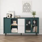 Meuble de rangement pour garde-manger, buffet de cuisine avec bar à café de 55" avec 2 tiroirs, 2 compartiments de rangement ouverts et 2 portes vitrées, table de buffet en bois