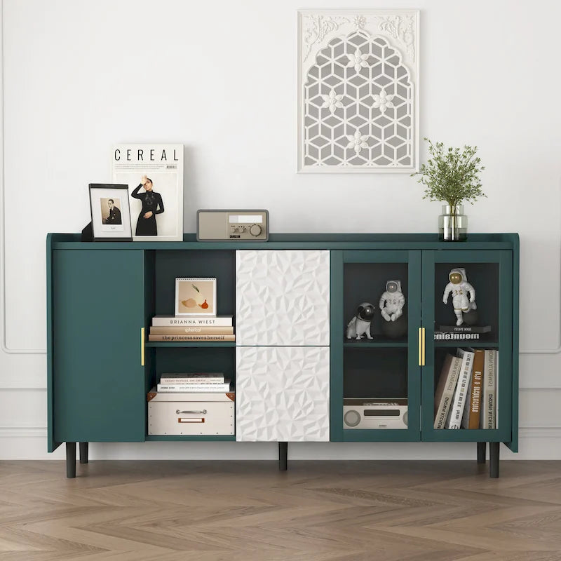 Meuble de rangement pour garde-manger, buffet de cuisine avec bar à café de 55" avec 2 tiroirs, 2 compartiments de rangement ouverts et 2 portes vitrées, table de buffet en bois