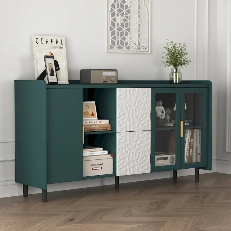 Meuble de rangement pour garde-manger, buffet de cuisine avec bar à café de 55" avec 2 tiroirs, 2 compartiments de rangement ouverts et 2 portes vitrées, table de buffet en bois