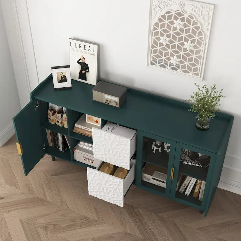 Meuble de rangement pour garde-manger, buffet de cuisine avec bar à café de 55" avec 2 tiroirs, 2 compartiments de rangement ouverts et 2 portes vitrées, table de buffet en bois