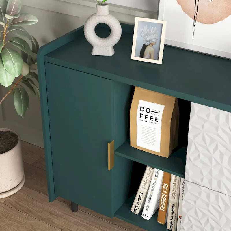 Meuble de rangement pour garde-manger, buffet de cuisine avec bar à café de 55" avec 2 tiroirs, 2 compartiments de rangement ouverts et 2 portes vitrées, table de buffet en bois