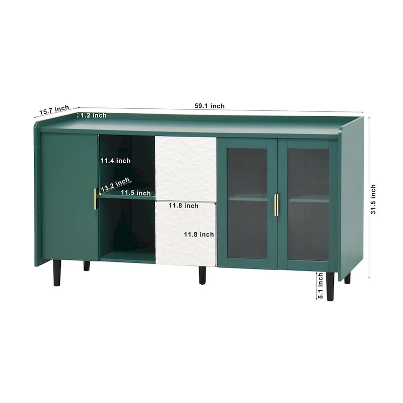 Meuble de rangement pour garde-manger, buffet de cuisine avec bar à café de 55" avec 2 tiroirs, 2 compartiments de rangement ouverts et 2 portes vitrées, table de buffet en bois