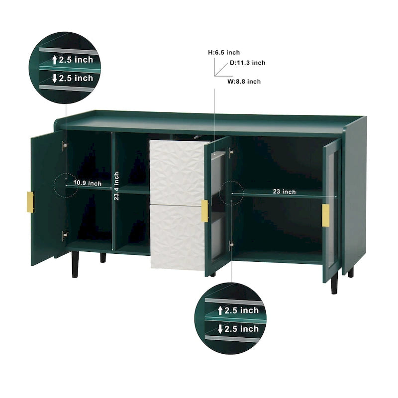 Meuble de rangement pour garde-manger, buffet de cuisine avec bar à café de 55" avec 2 tiroirs, 2 compartiments de rangement ouverts et 2 portes vitrées, table de buffet en bois