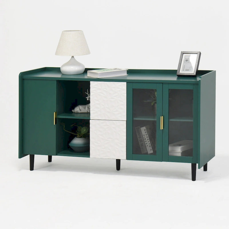 Meuble de rangement pour garde-manger, buffet de cuisine avec bar à café de 55" avec 2 tiroirs, 2 compartiments de rangement ouverts et 2 portes vitrées, table de buffet en bois