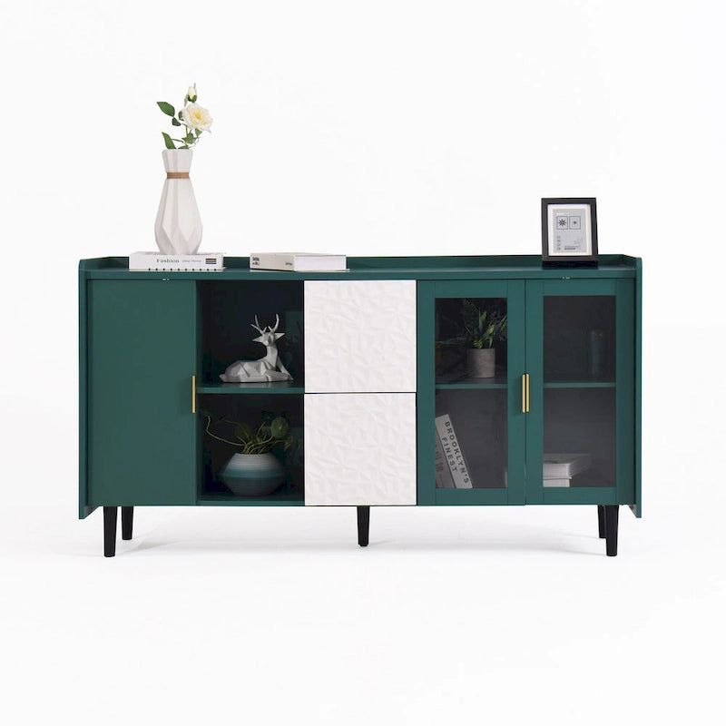 Meuble de rangement pour garde-manger, buffet de cuisine avec bar à café de 55" avec 2 tiroirs, 2 compartiments de rangement ouverts et 2 portes vitrées, table de buffet en bois