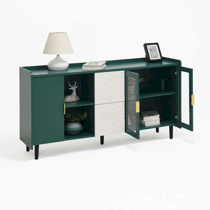 Meuble de rangement pour garde-manger, buffet de cuisine avec bar à café de 55" avec 2 tiroirs, 2 compartiments de rangement ouverts et 2 portes vitrées, table de buffet en bois