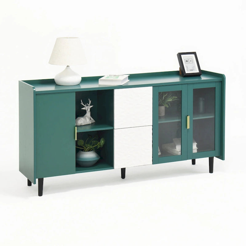 Meuble de rangement pour garde-manger, buffet de cuisine avec bar à café de 55" avec 2 tiroirs, 2 compartiments de rangement ouverts et 2 portes vitrées, table de buffet en bois