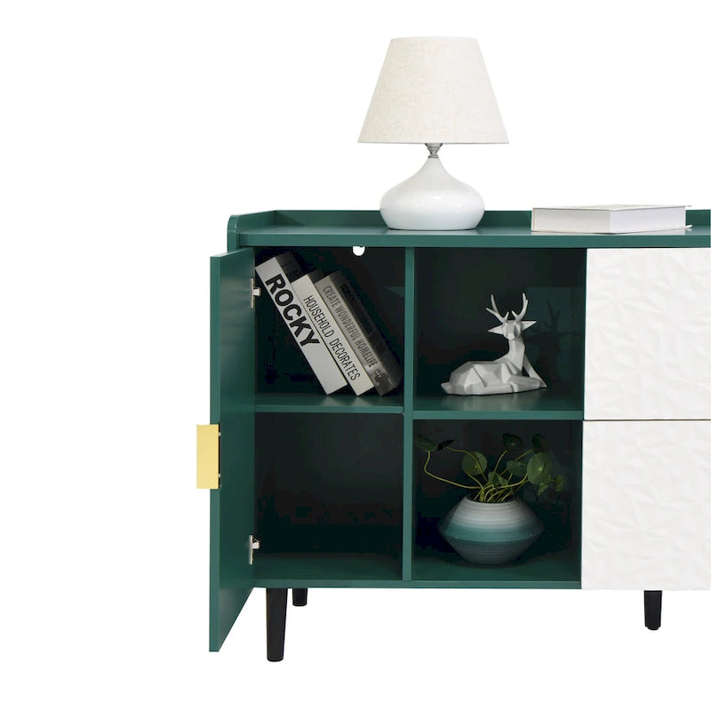 Meuble de rangement pour garde-manger, buffet de cuisine avec bar à café de 55" avec 2 tiroirs, 2 compartiments de rangement ouverts et 2 portes vitrées, table de buffet en bois