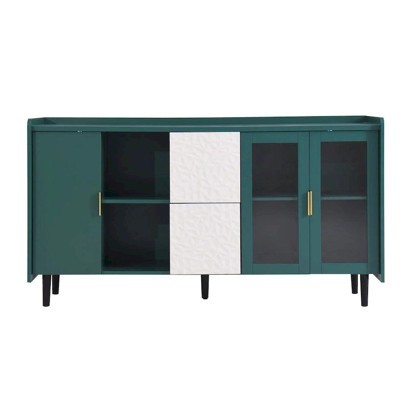 Meuble de rangement pour garde-manger, buffet de cuisine avec bar à café de 55" avec 2 tiroirs, 2 compartiments de rangement ouverts et 2 portes vitrées, table de buffet en bois