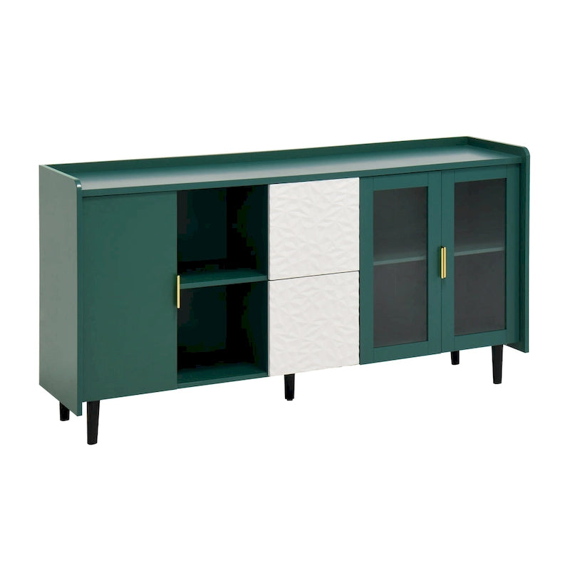Meuble de rangement pour garde-manger, buffet de cuisine avec bar à café de 55" avec 2 tiroirs, 2 compartiments de rangement ouverts et 2 portes vitrées, table de buffet en bois