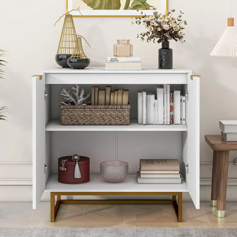 Buffet de rangement blanc et doré avec 2 portes, buffet de salle à manger, buffet de cuisine avec rangement