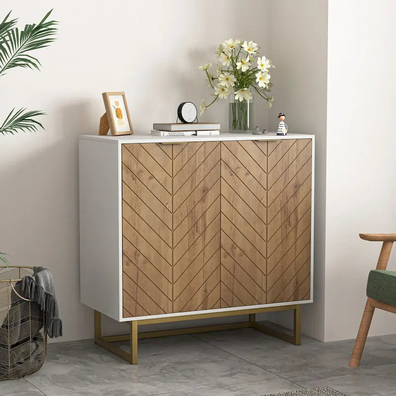 Buffet de rangement blanc et doré avec 2 portes, buffet de salle à manger, buffet de cuisine avec rangement