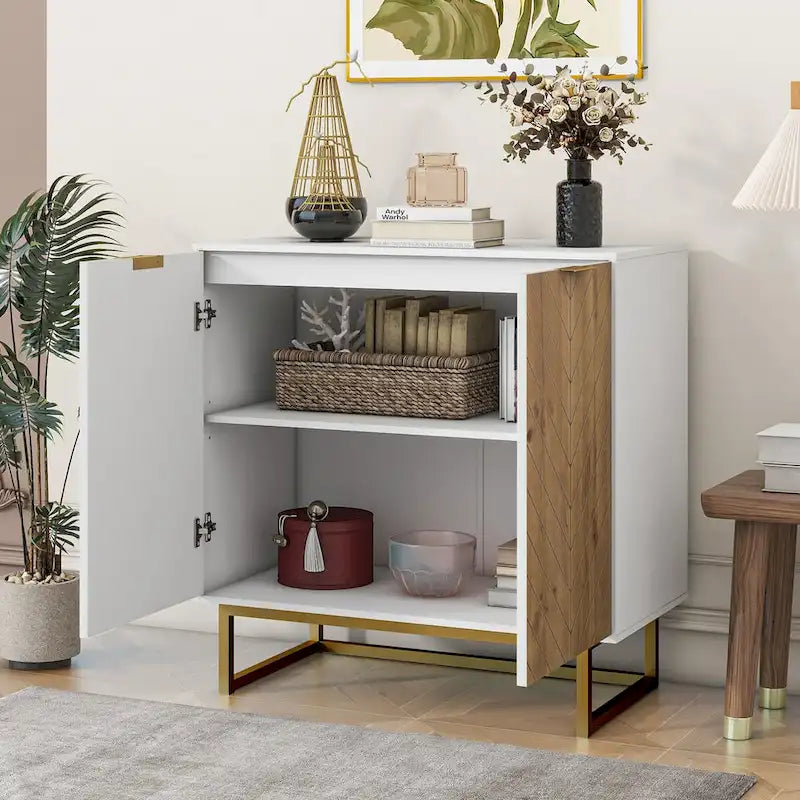 Buffet de rangement blanc et doré avec 2 portes, buffet de salle à manger, buffet de cuisine avec rangement