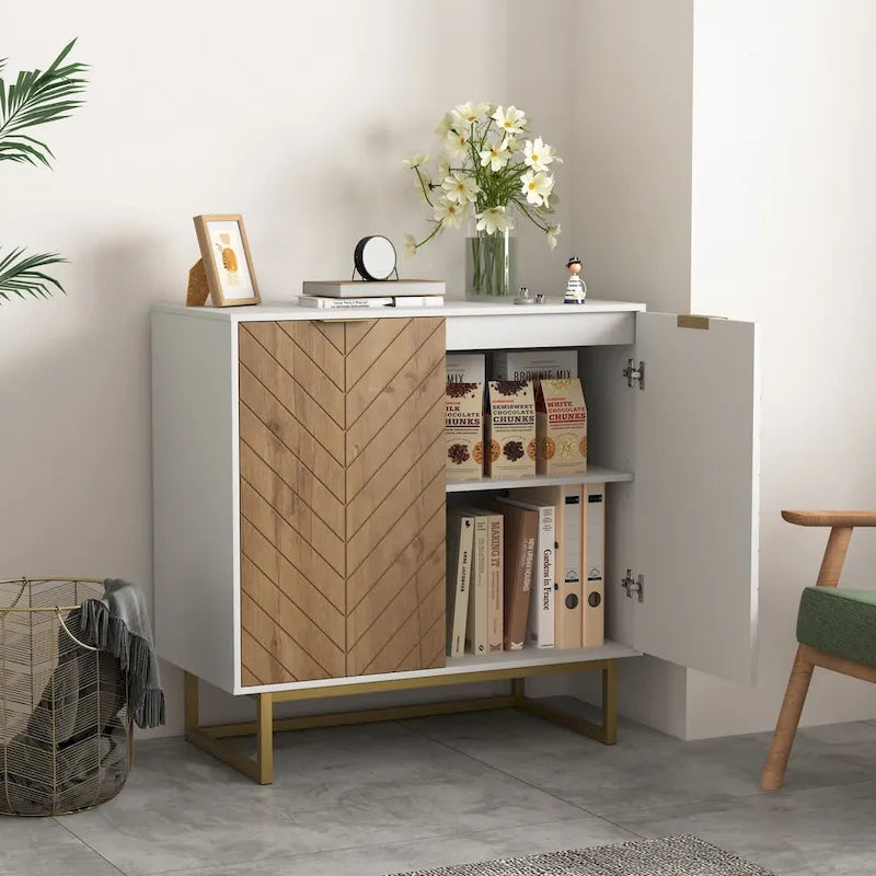Buffet de rangement blanc et doré avec 2 portes, buffet de salle à manger, buffet de cuisine avec rangement
