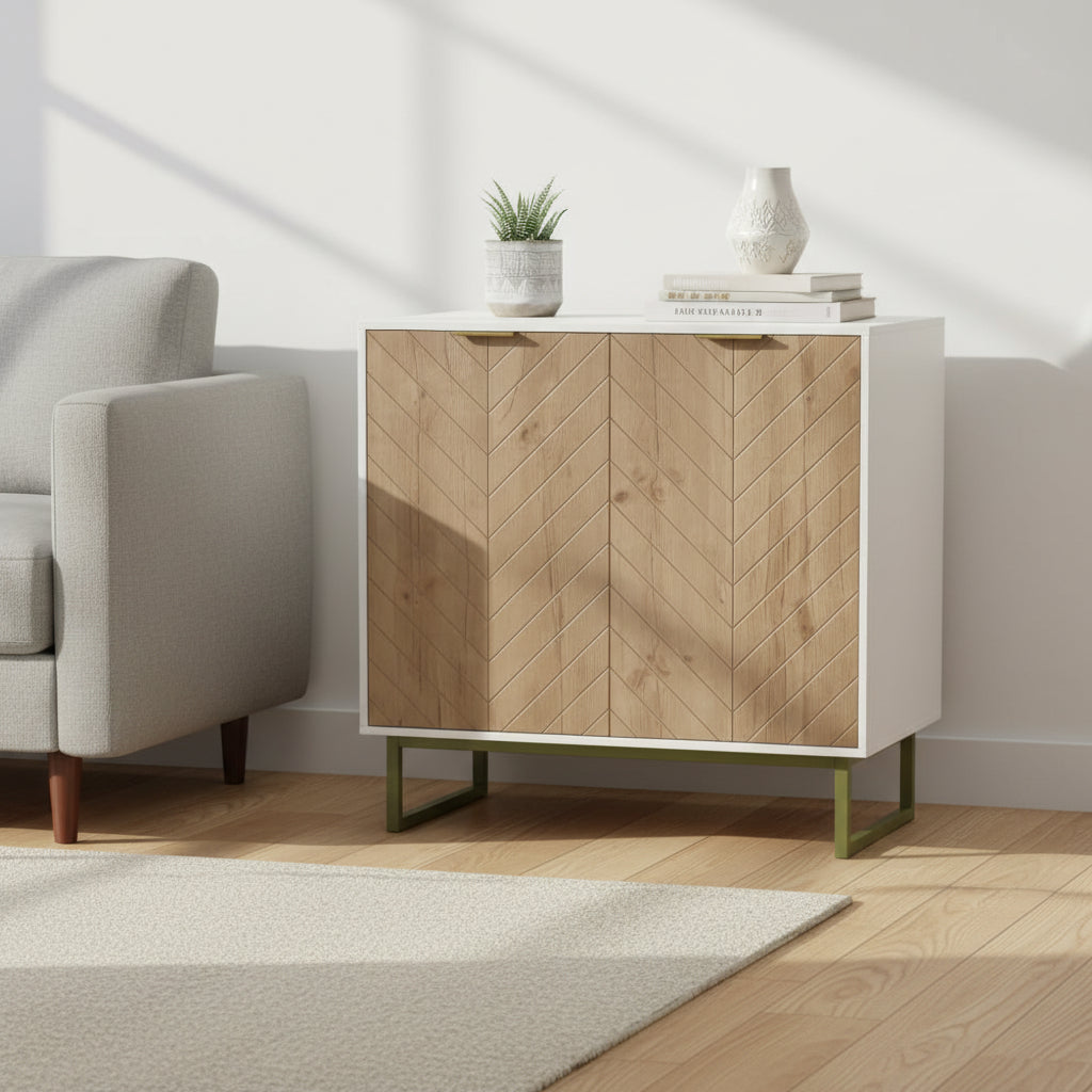 Buffet de rangement blanc et doré avec 2 portes, buffet de salle à manger, buffet de cuisine avec rangement